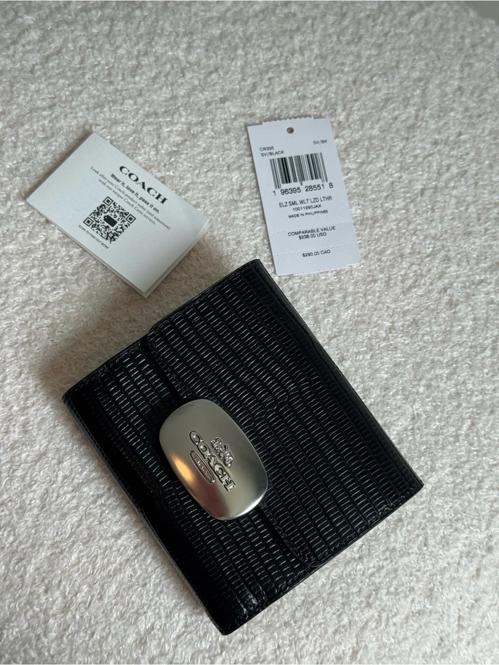 Coach Black Lizard-Embossed Card Wallet with Silver Logo Plate